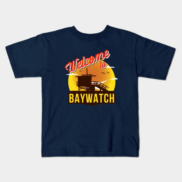 Welcome To Baywatch Lifeguard Tower Sunset Kids T-Shirt by Rebus28